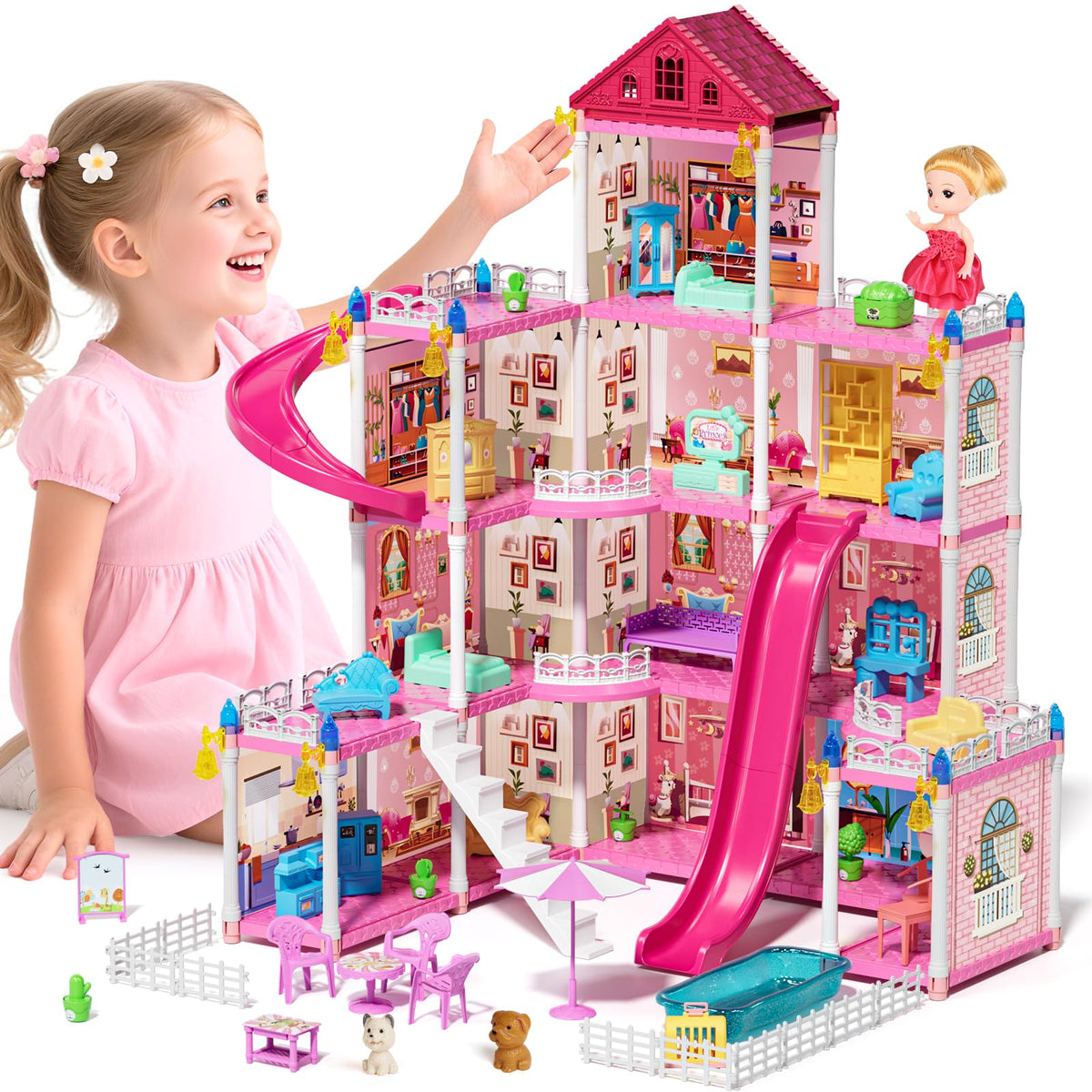 Lehoo Castle Dreamhome exterior: four-story pink doll house inviting imaginative play