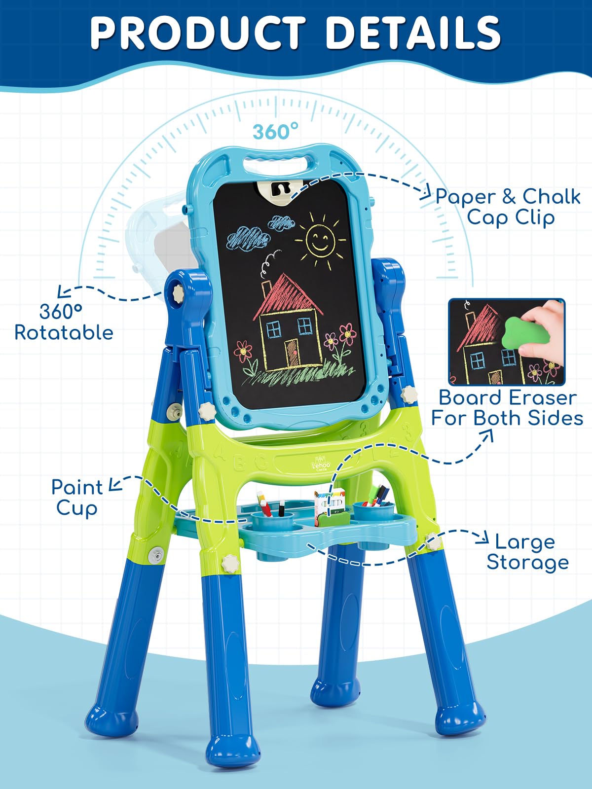 Height-adjustable easel supports comfortable drawing from sitting or standing positions for growing kids