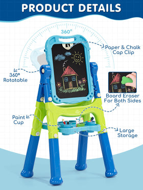 Height-adjustable easel supports comfortable drawing from sitting or standing positions for growing kids