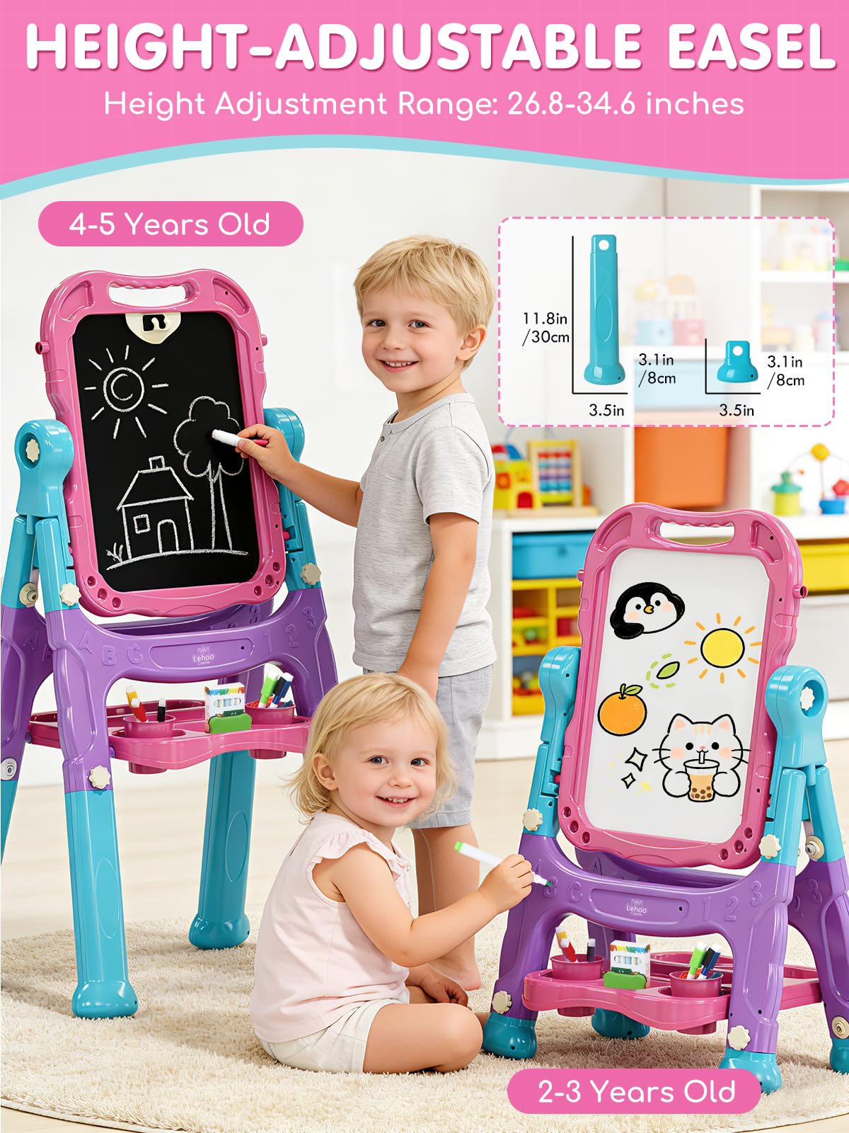 Lehoo Castle chalkboard and whiteboard on one easel enables two kids to draw together.