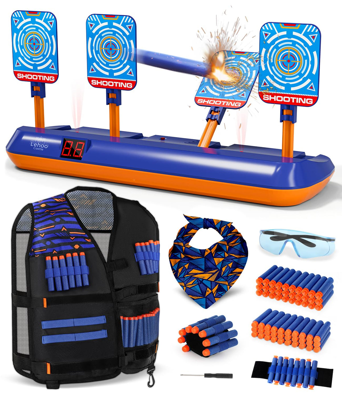 Lehoo Castle electronic shooting targets front view showing auto-reset action for Nerf play