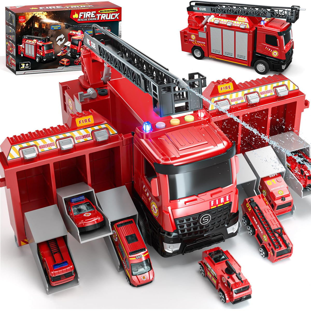 Lehoo Castle fire truck with extendable ladder for imaginative rescue play.