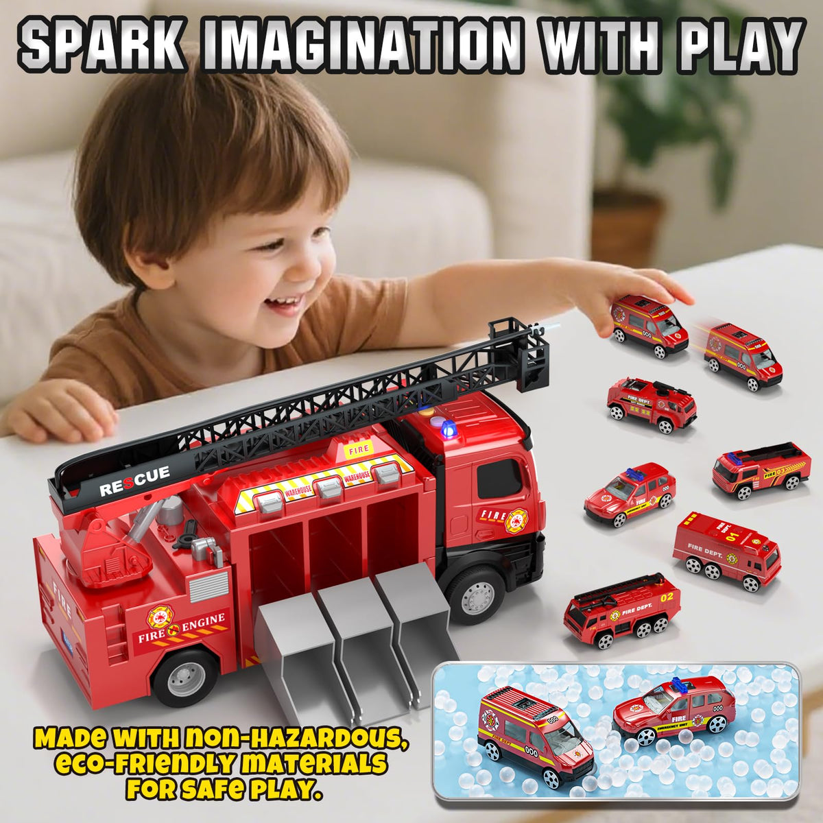 Lehoo Castle fire truck launches mini cars for quick play bursts.