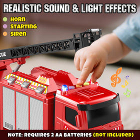 Lehoo Castle fire truck with six mini vehicles for cooperative pretend play.