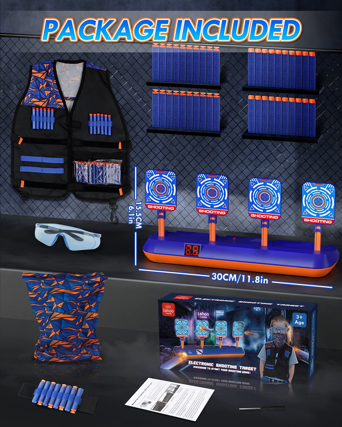 Lehoo Castle gift box packaging featuring a complete Nerf shooting game set