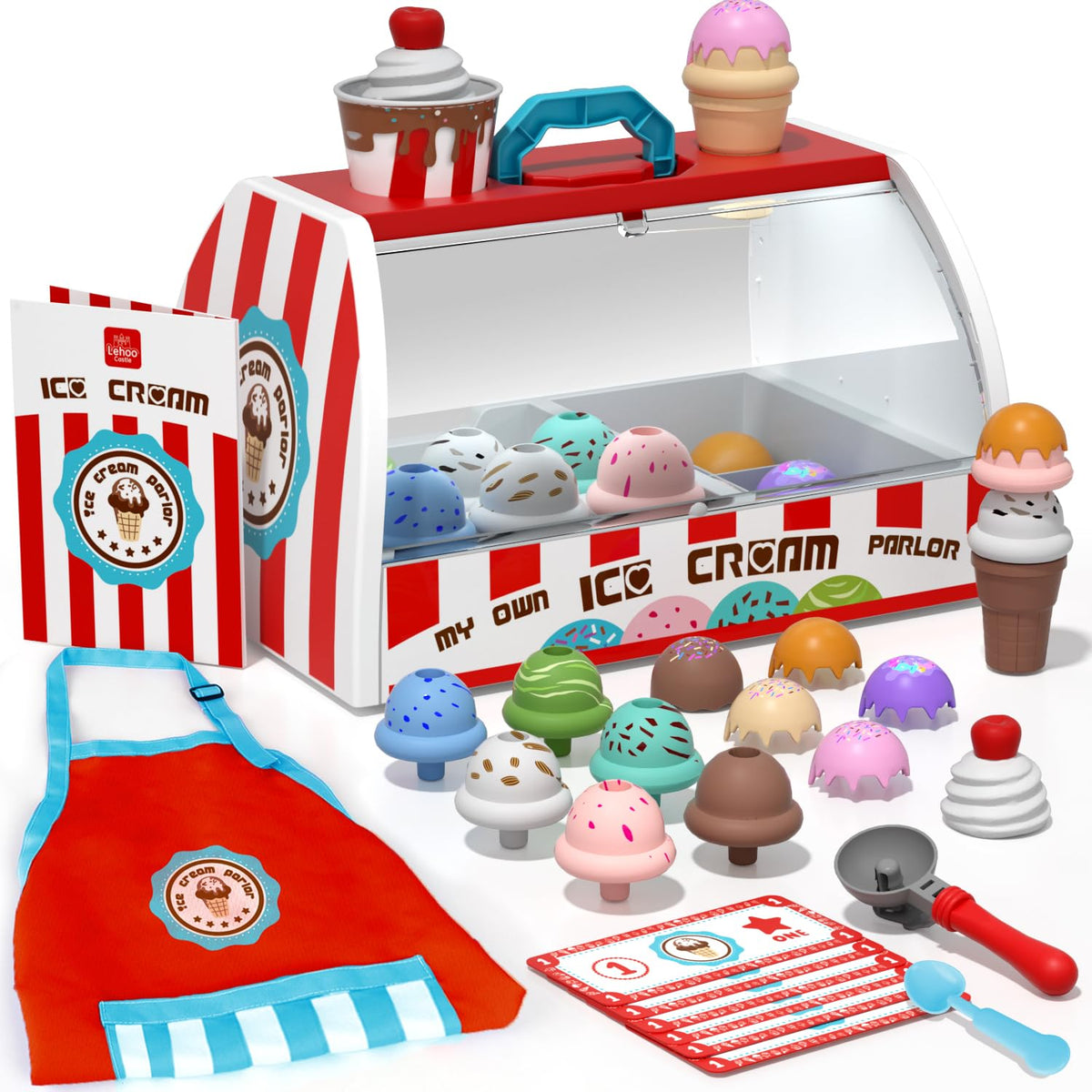 Lehoo Castle ice cream counter with cones, supports creative pretend play and fine motor skills