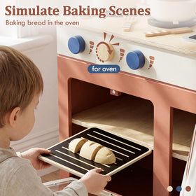 Lehoo Castle storage shelves help organize utensils during playtime.