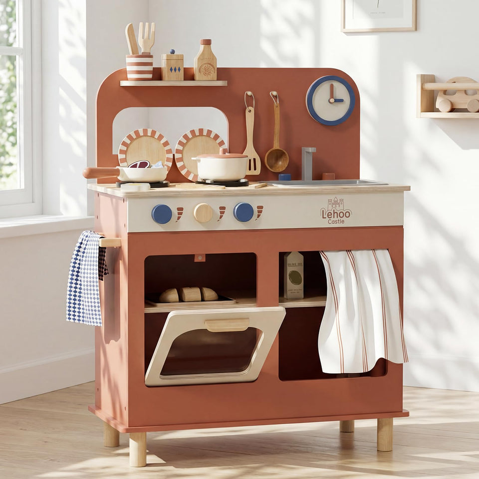 Lehoo Castle wooden kitchen frame for compact spaces and imaginative play.
