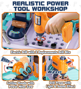 Lehoo Castle kids tool bench side view highlighting compact footprint for easy storage.