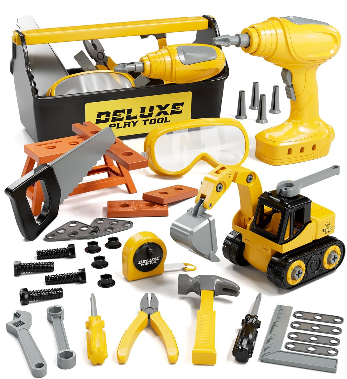 Lehoo Castle kids tool set with electric drill for imaginative play and early STEM exploration.