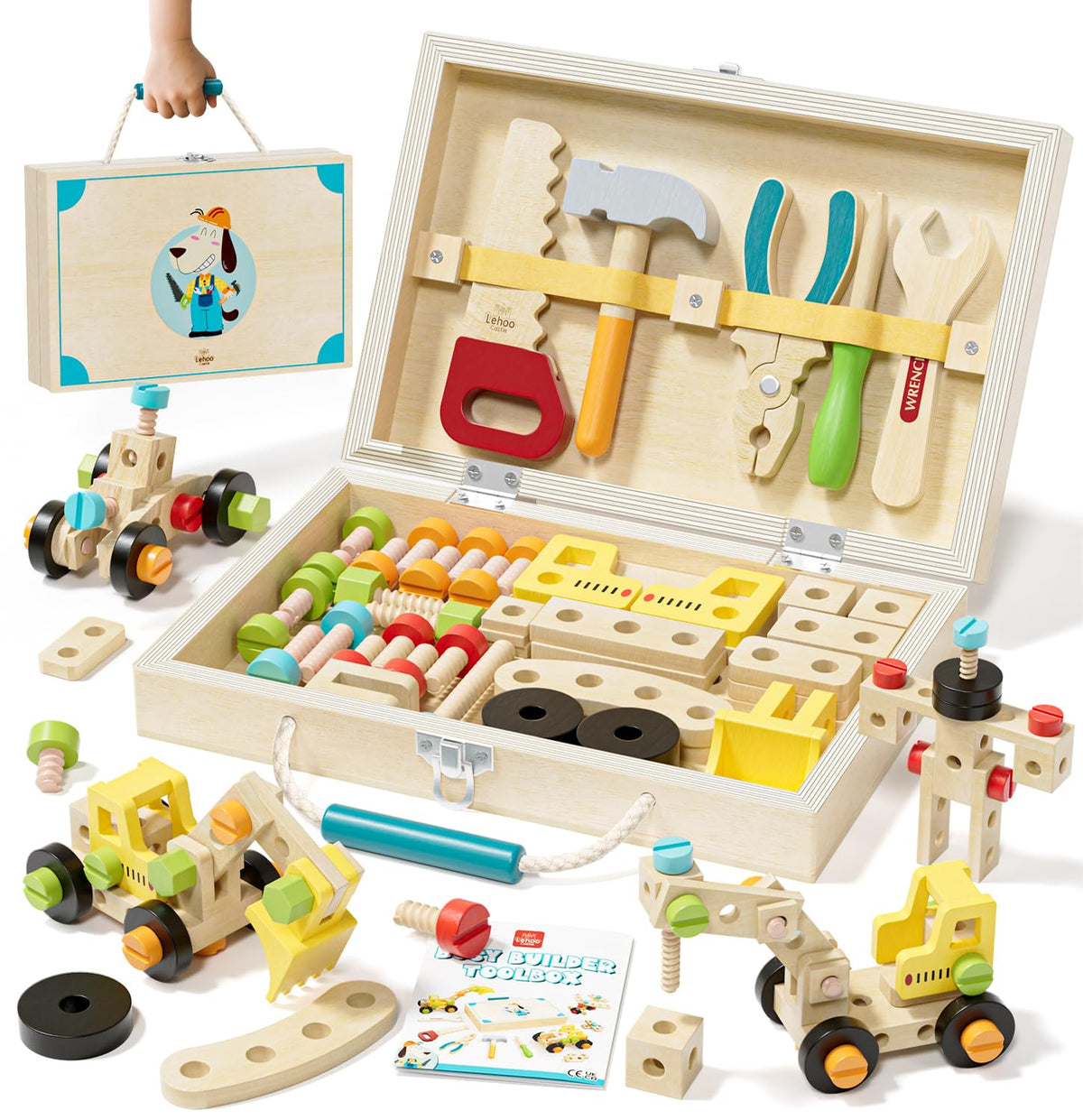 Lehoo Castle Kids Tool Set toolbox open, highlighting easy portability for tidy playtime.