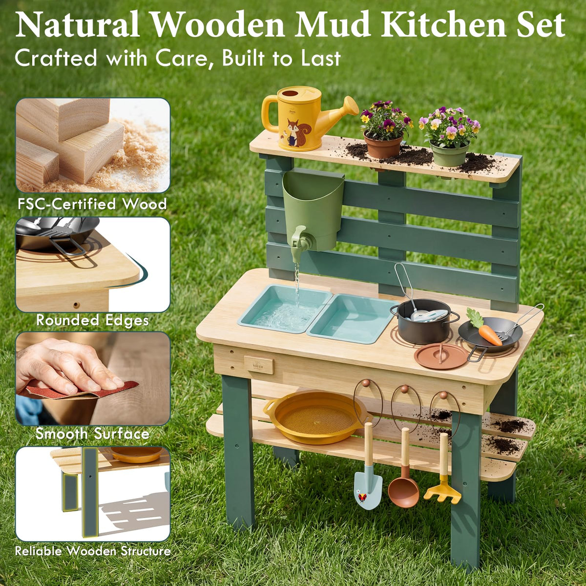 Lehoo Castle Mud Kitchen surface rinses clean with water for quick tidying.