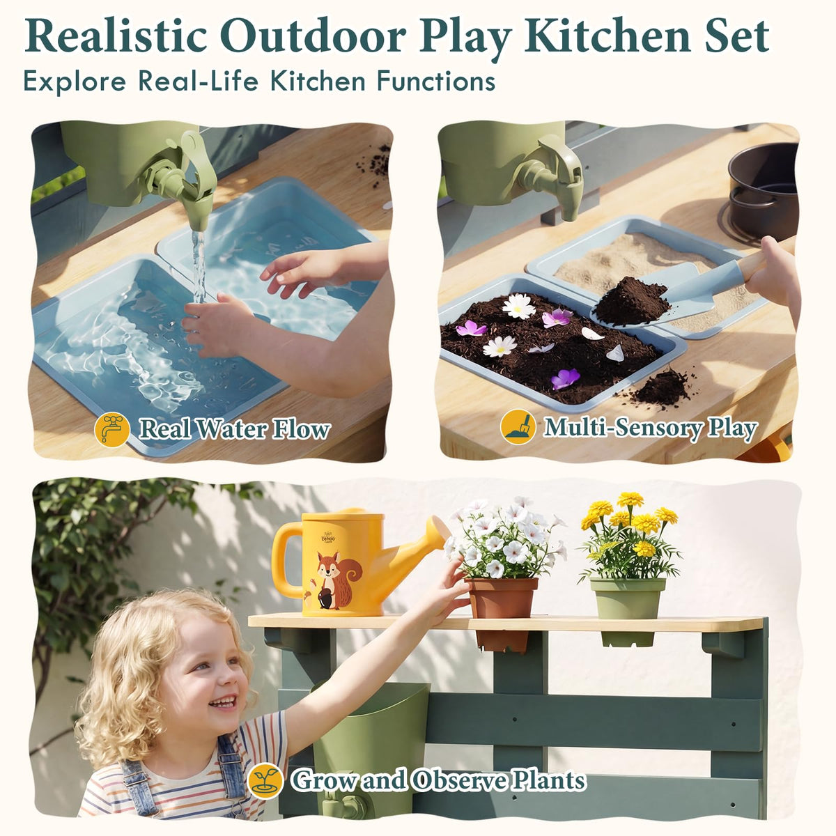 Lehoo Castle Mud Kitchen includes garden tools for pretend planting and watering.