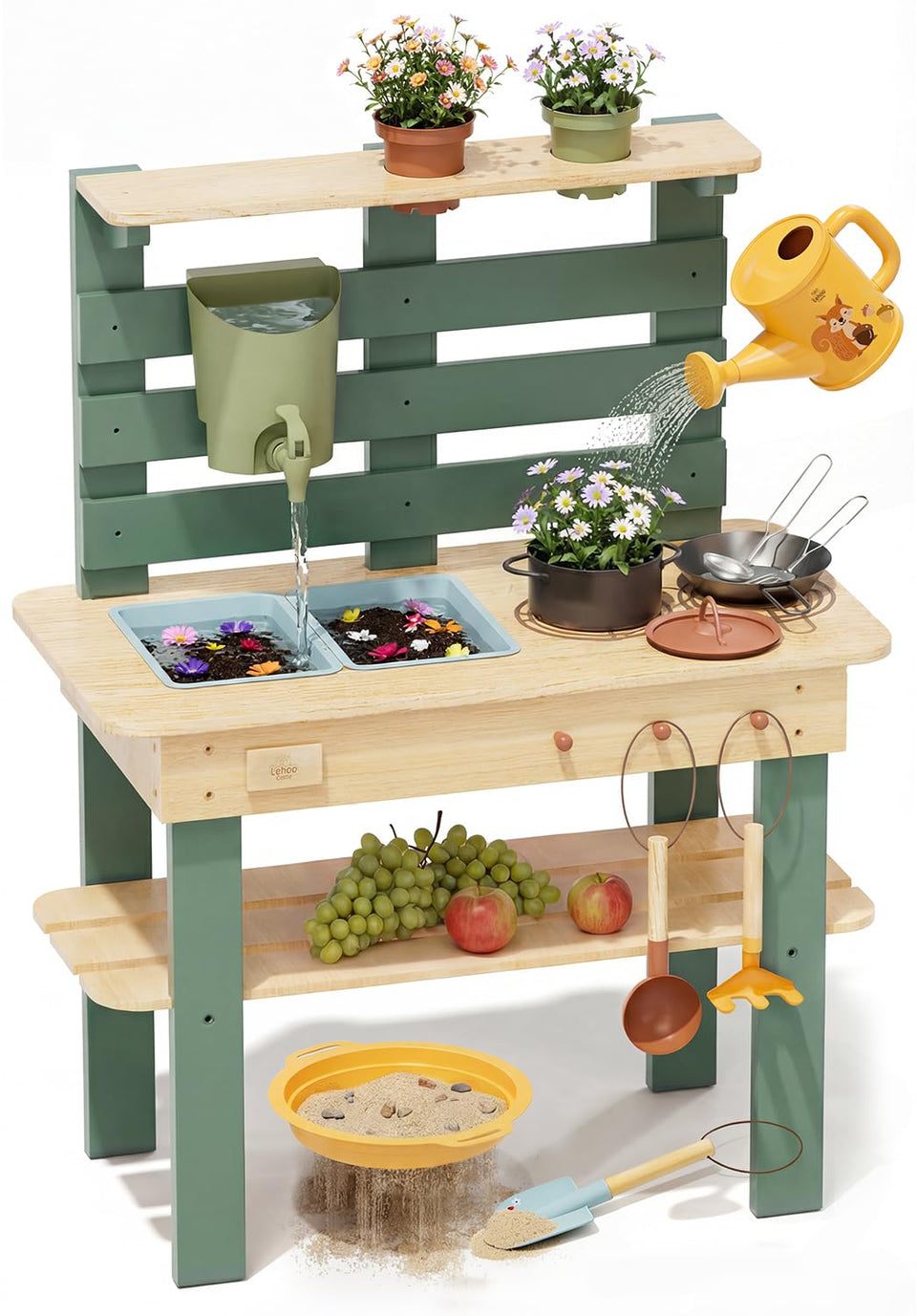 Lehoo Castle Mud Kitchen dual sinks and real faucet for outdoor sensory play.