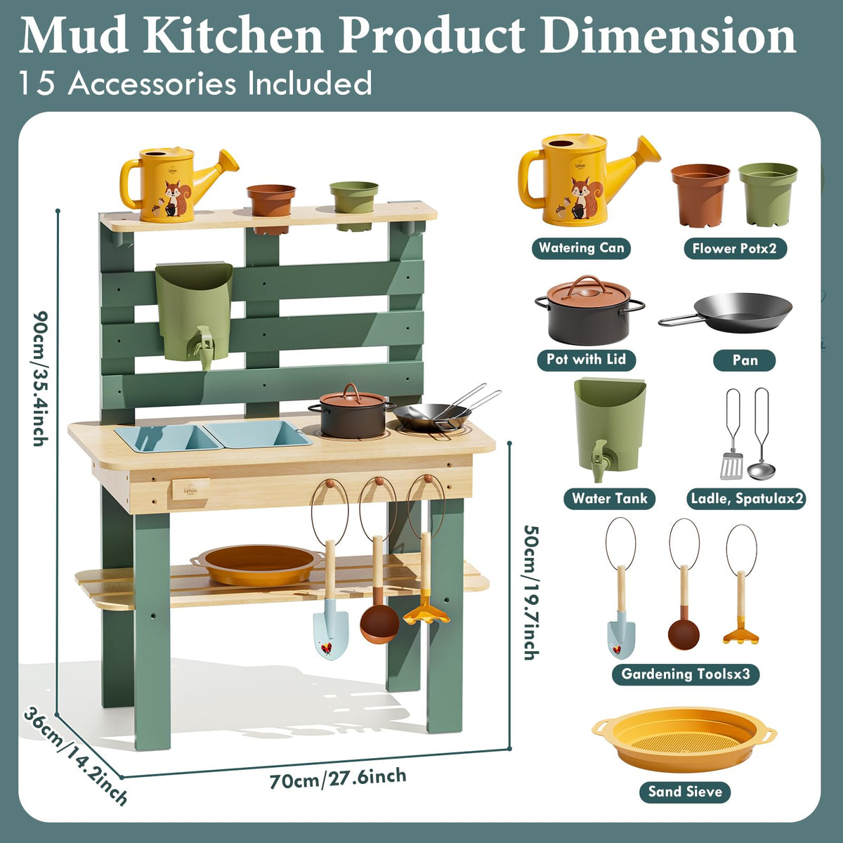 Lehoo Castle Mud Kitchen worktop area for prep and organization during play.