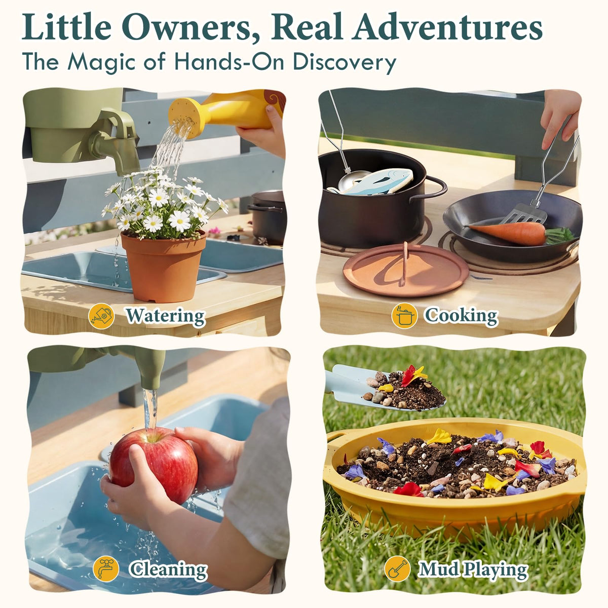 Lehoo Castle Mud Kitchen zones for cooking, gardening, and muddy role-play.