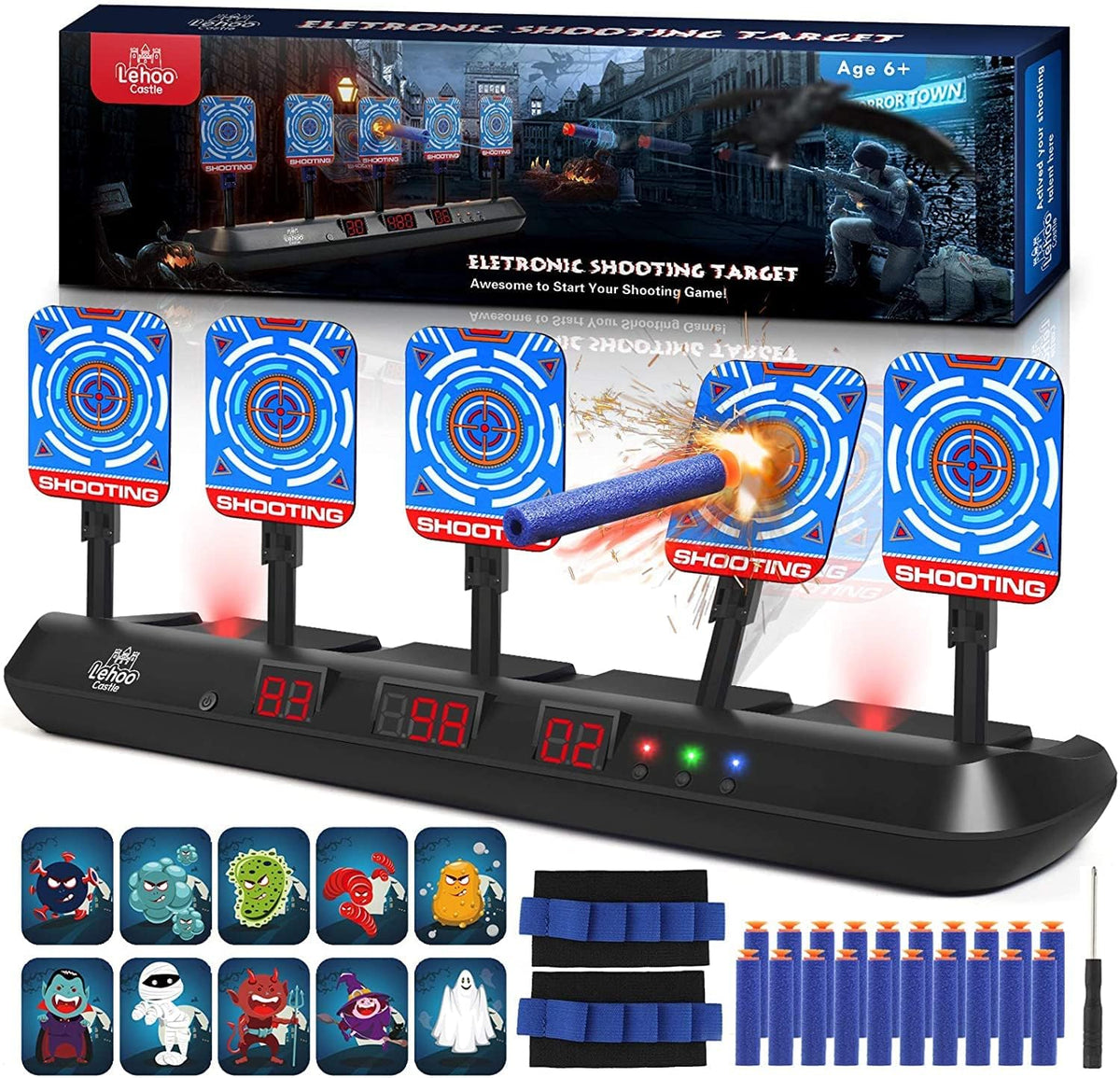 Lehoo Castle five-target Nerf shooting target with digital scoring for precise practice.