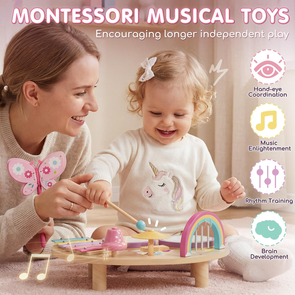 Lehoo Castle Toddler Drum Set's sturdy wooden platform supports energetic play safely