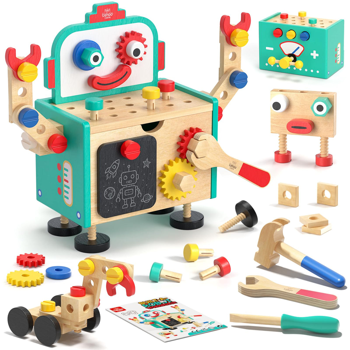 Lehoo Castle tool bench with hammer promotes safe construction play and fine motor skills.