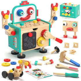 Lehoo Castle tool bench with hammer promotes safe construction play and fine motor skills.