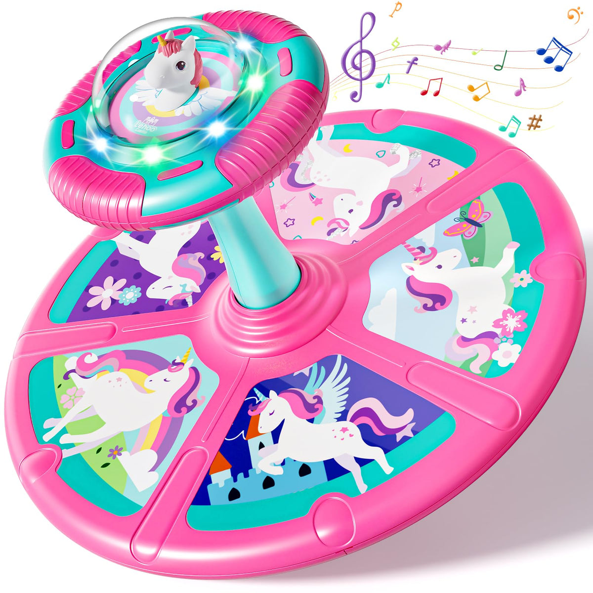 Lehoo Castle unicorn sit-spin-toy with bright lights encourages imaginative play and movement.