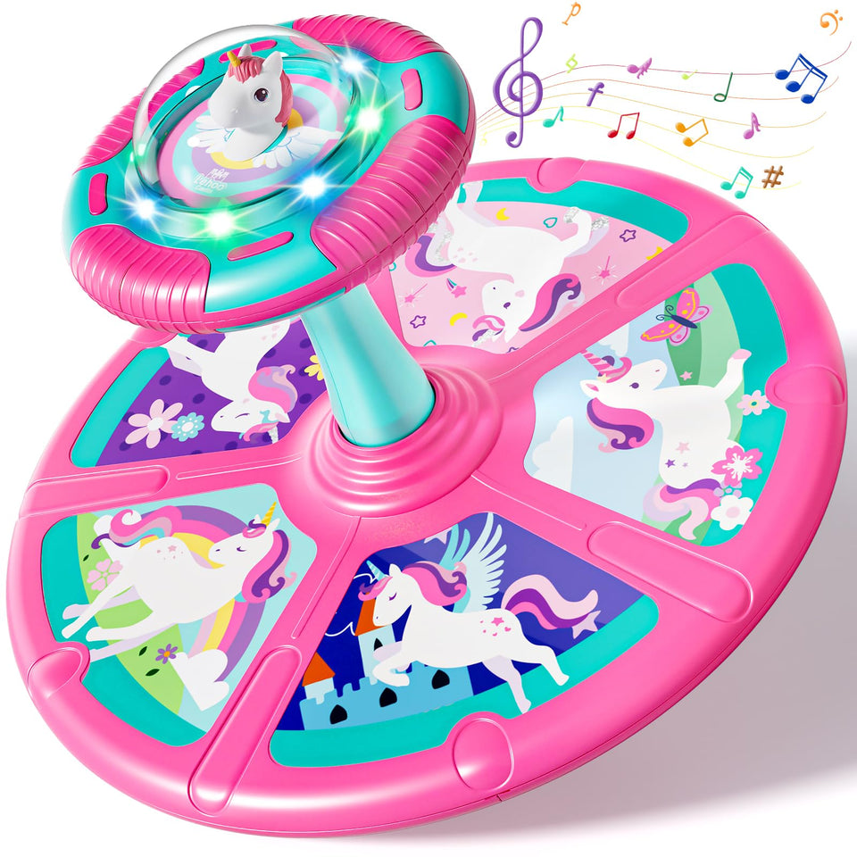 Lehoo Castle unicorn sit-spin-toy with bright lights encourages imaginative play and movement.