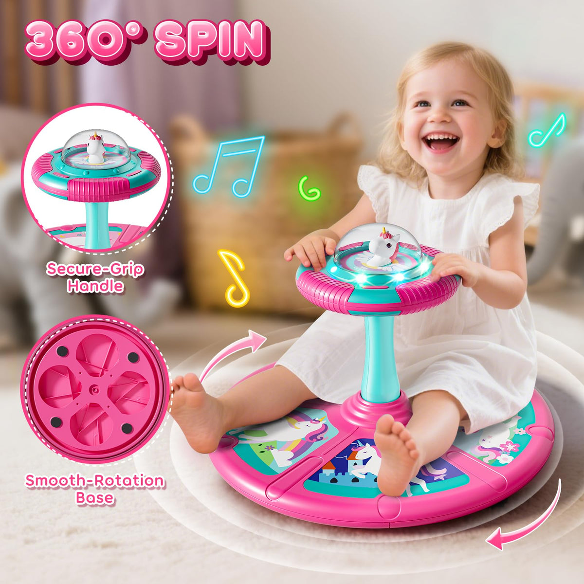 Lehoo Castle unicorn spin with lights and music enhances sensory engagement during seated spins.