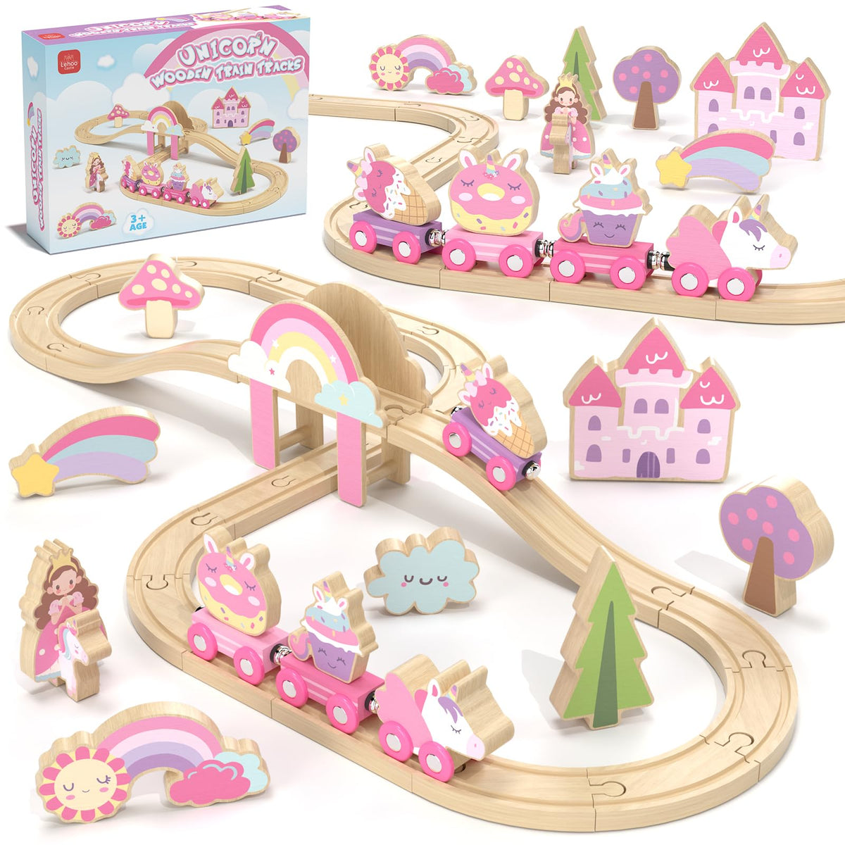 Lehoo Castle unicorn train engine in pink promotes imaginative play