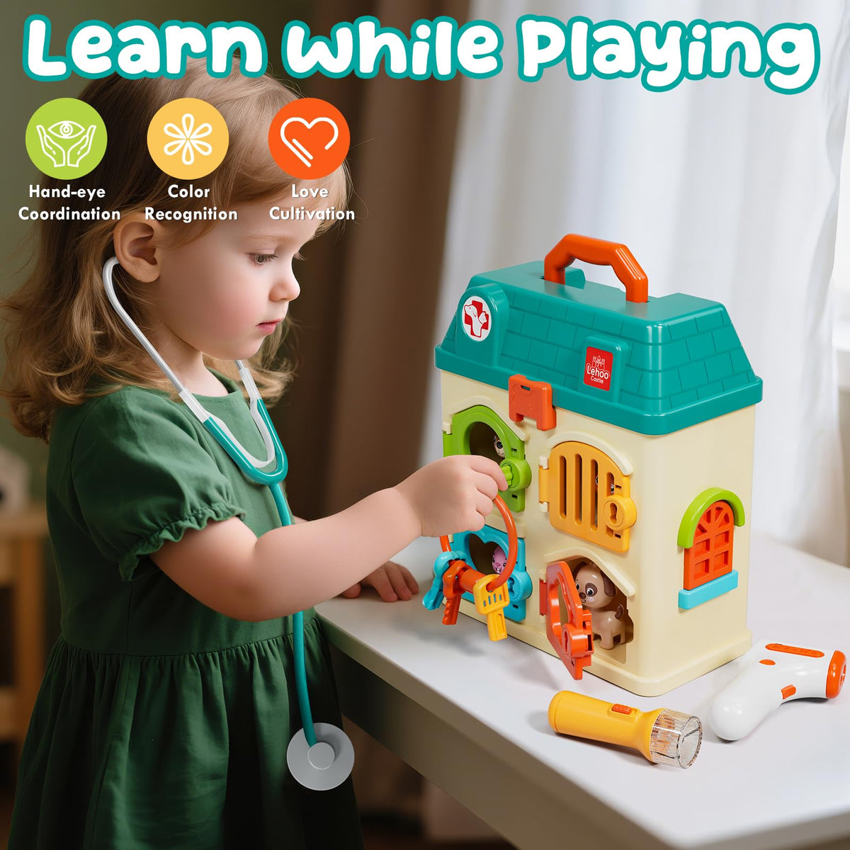 Lehoo Castle Vet Playset carry handle makes on-the-go play easy.