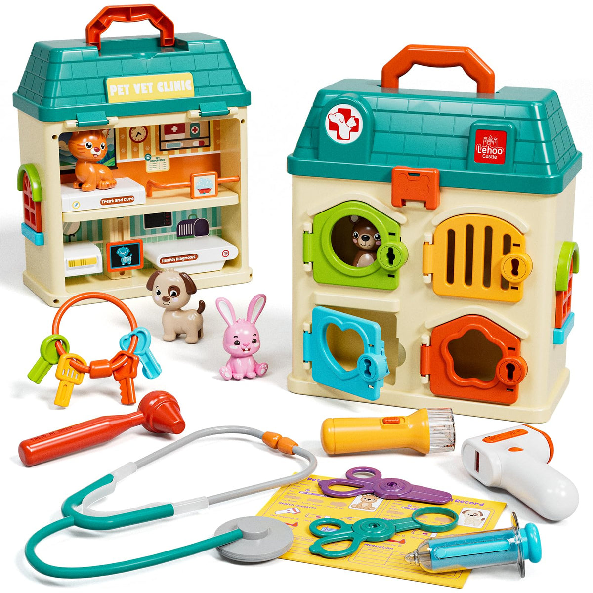 Lehoo Castle Vet Playset front view promotes imaginative pet care.