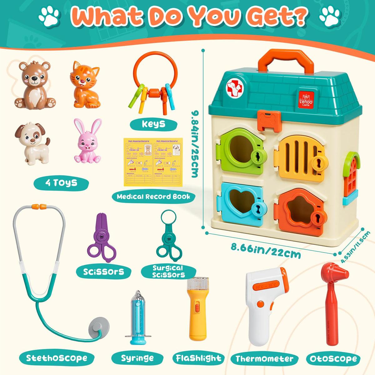 Lehoo Castle Vet Playset patient rooms teach color recognition through unlockable doors.