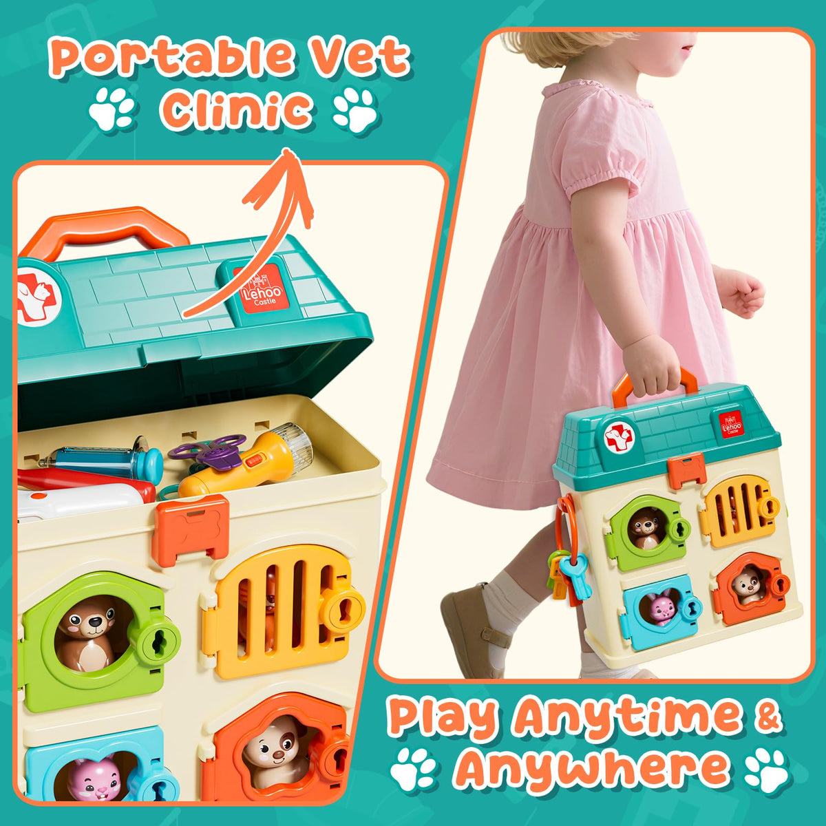 Lehoo Castle Vet Playset roof storage keeps accessories neatly organized.