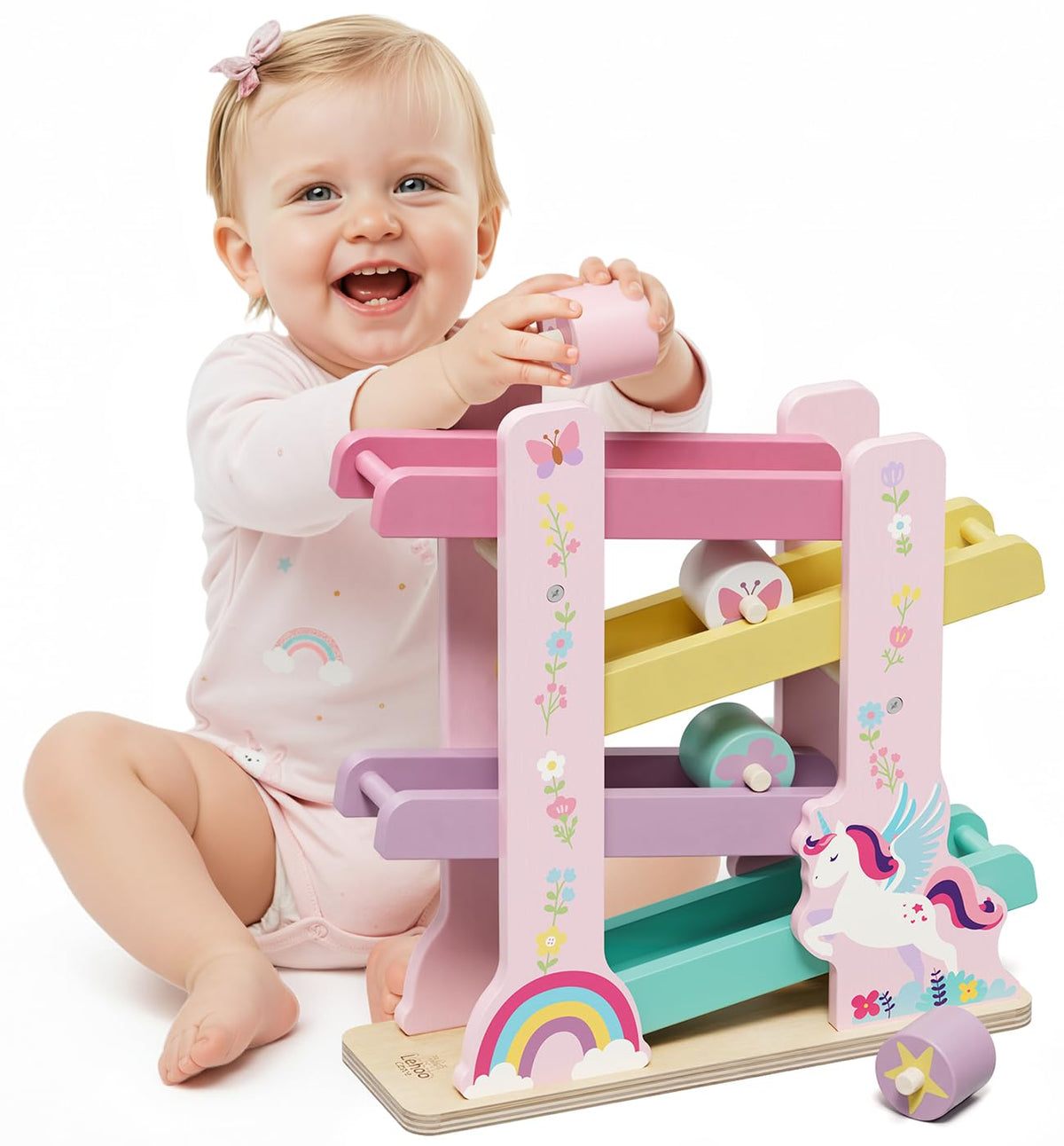 Lehoo Castle unicorn wooden car ramp encourages imaginative play and fine motor skills.