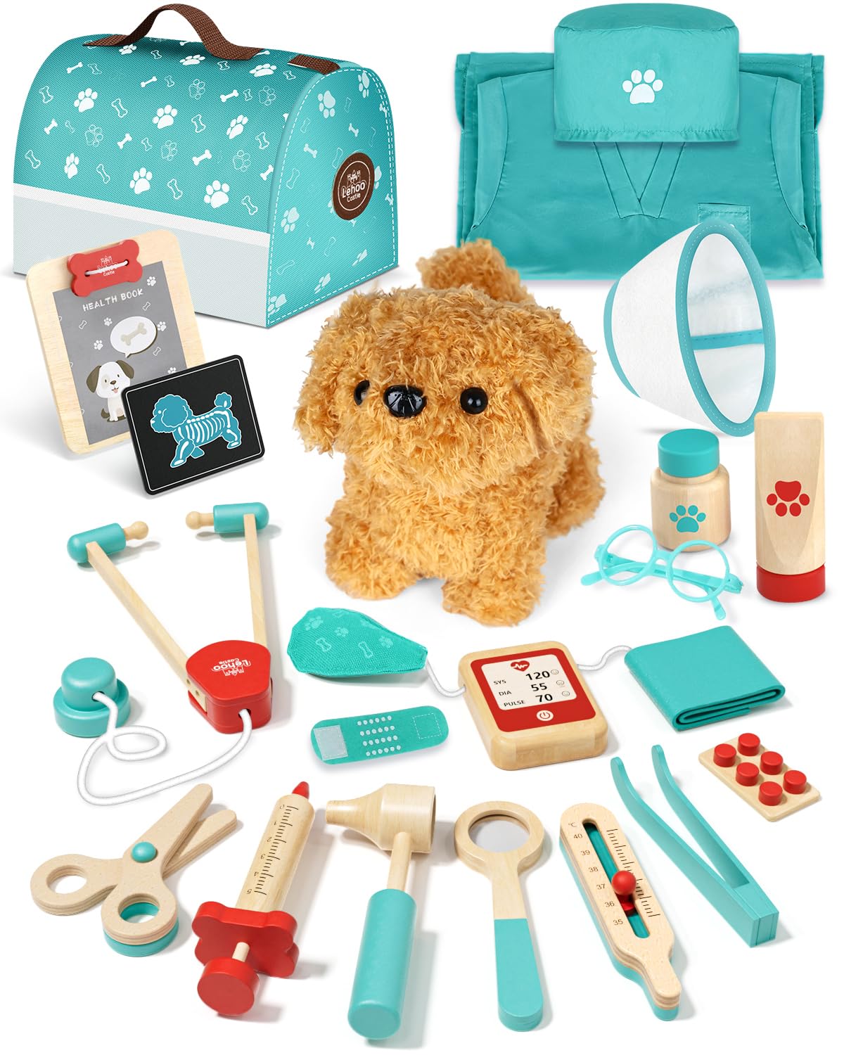 Lehoo Castle wooden doctor kit with dog doll for imaginative play and empathy