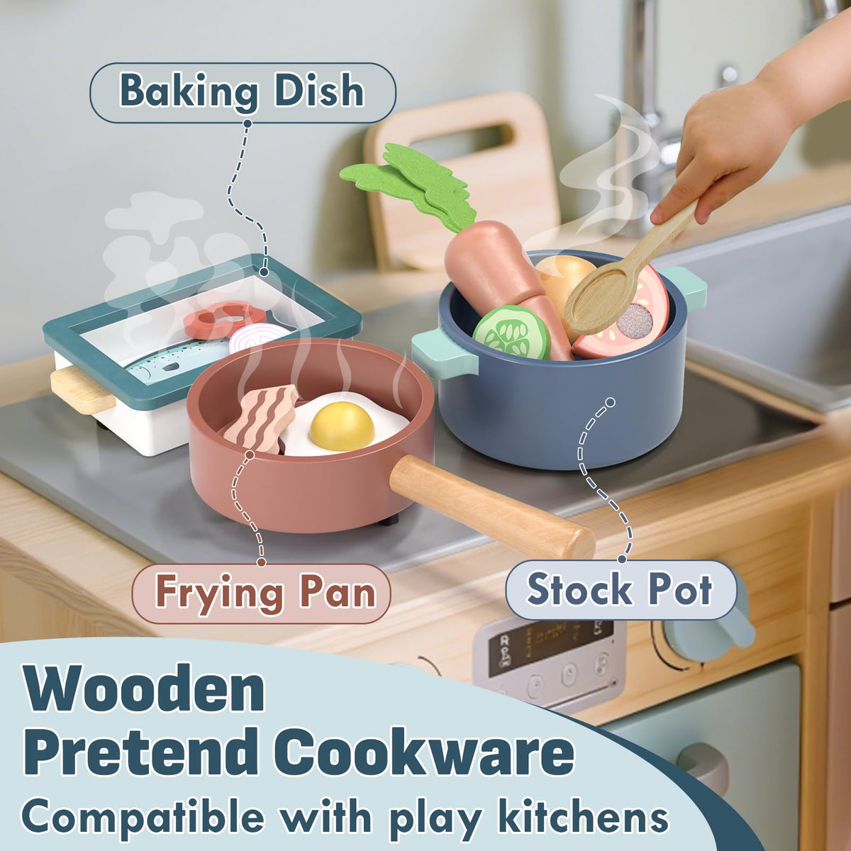 Lehoo Castle wooden play cuttable vegetables feature Velcro for repeated pretend meals.