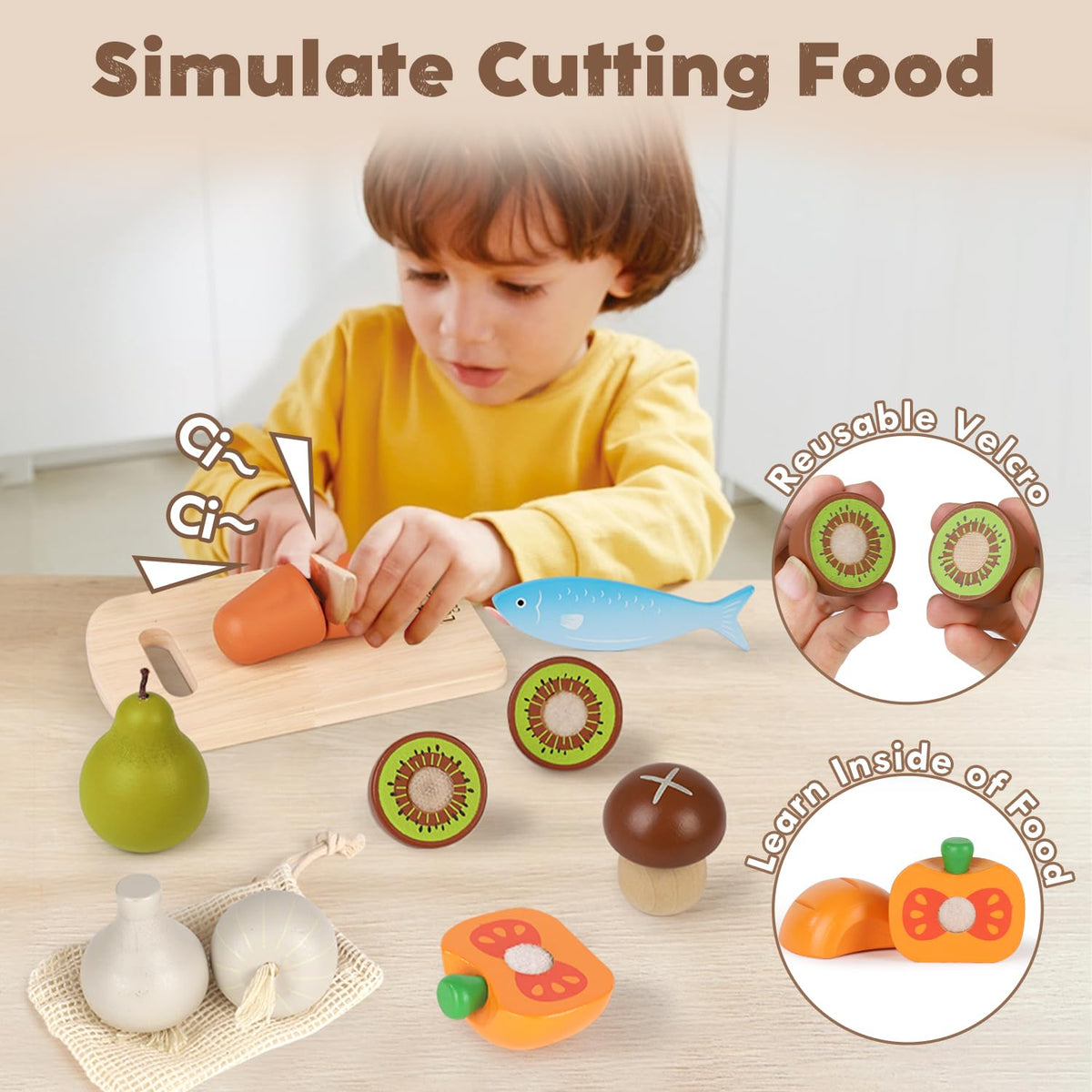 Lehoo Castle wooden play food beef—lifelike cuttable toy for imaginative meals.