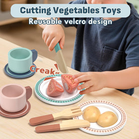 Lehoo Castle wooden play utensils set promotes grip-friendly safe kitchen role play.