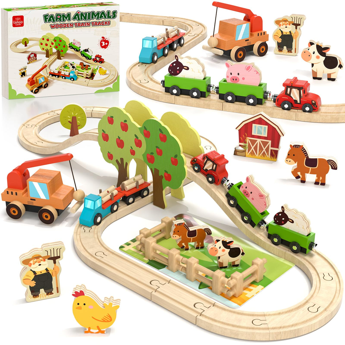 Lehoo Castle wooden train set with toddlers-friendly tracks for imaginative farm adventures.