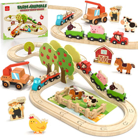 Lehoo Castle wooden train set with toddlers-friendly tracks for imaginative farm adventures.