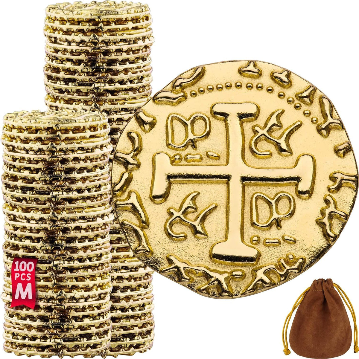 Leib Games large metal pirate coins with 100 gold doubloons for authentic decor