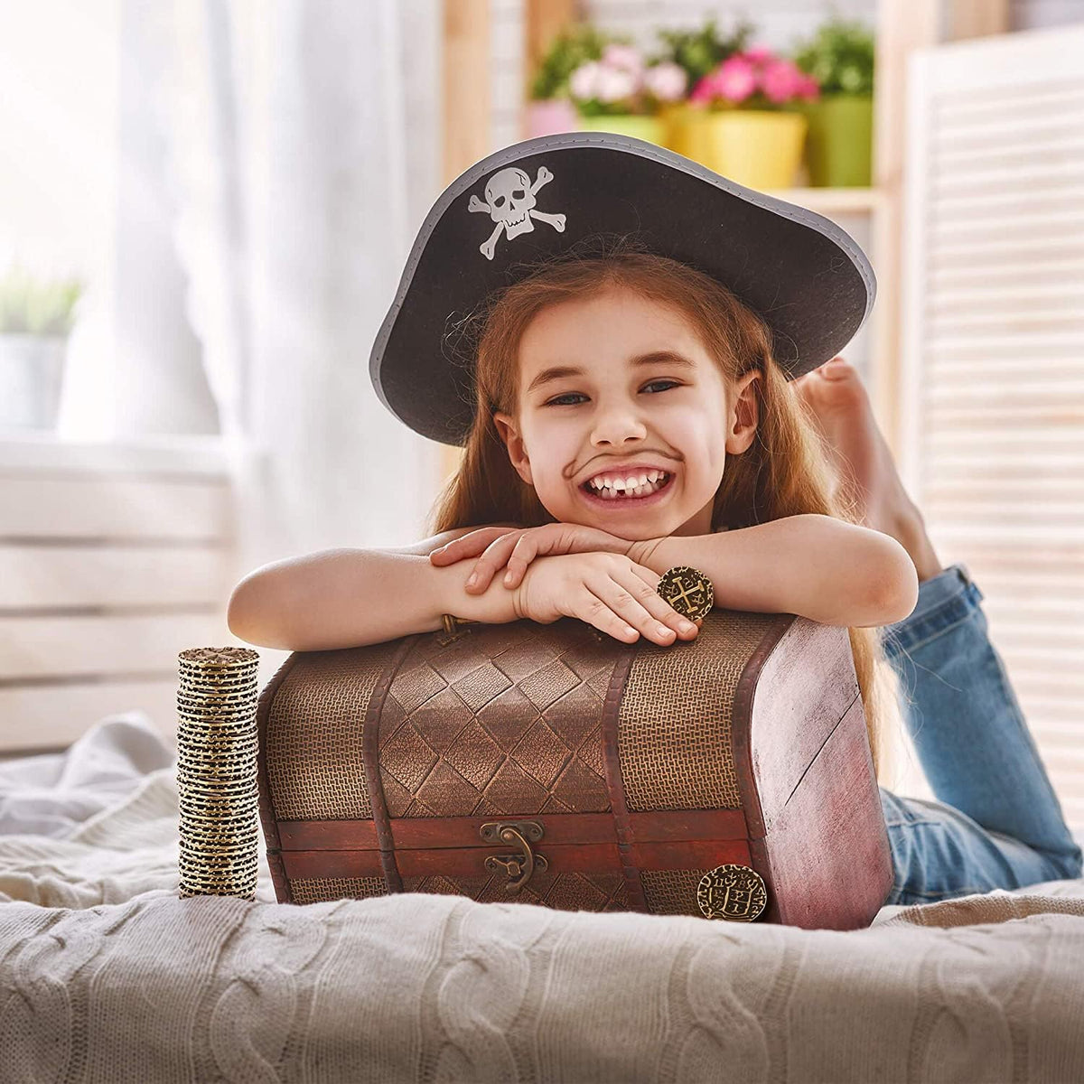 Leib Games 100-piece bronze pirate coin set fits pirate treasure chests and displays.