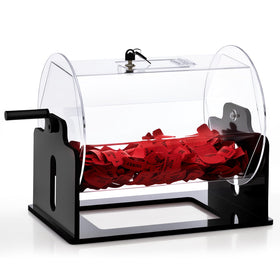 Leinuosen raffle drum with transparent body for visible, fair draws.