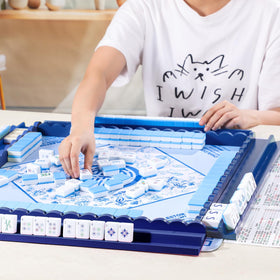 Leinuosen wooden mahjong rack with integrated pushers for Mexican Train