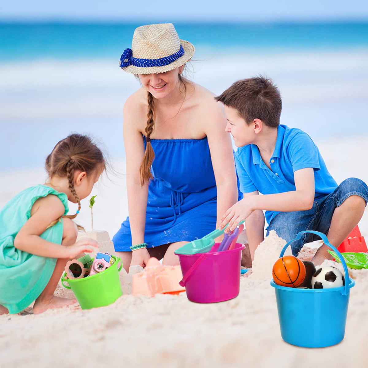 Leitee rose-red mini bucket for kids, travel-friendly beach toy.