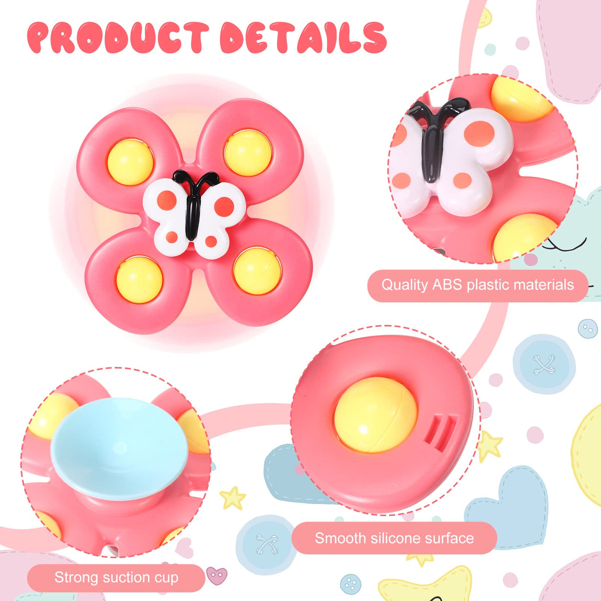 Leitee suction cup spinner insects design provides portable distraction during trips.