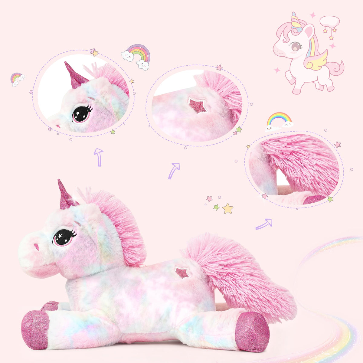 LELELONG unicorn plush 15in face-detail close-up, plush texture invites comforting squeezes