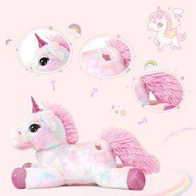 LELELONG unicorn plush 15in face-detail close-up, plush texture invites comforting squeezes