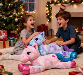 LELELONG unicorn plush 15in in-bed image, perfect companion for kids nightly routines