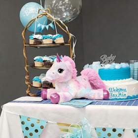 LELELONG unicorn plush 15in side view, rainbow colors ideal for kid's room decor