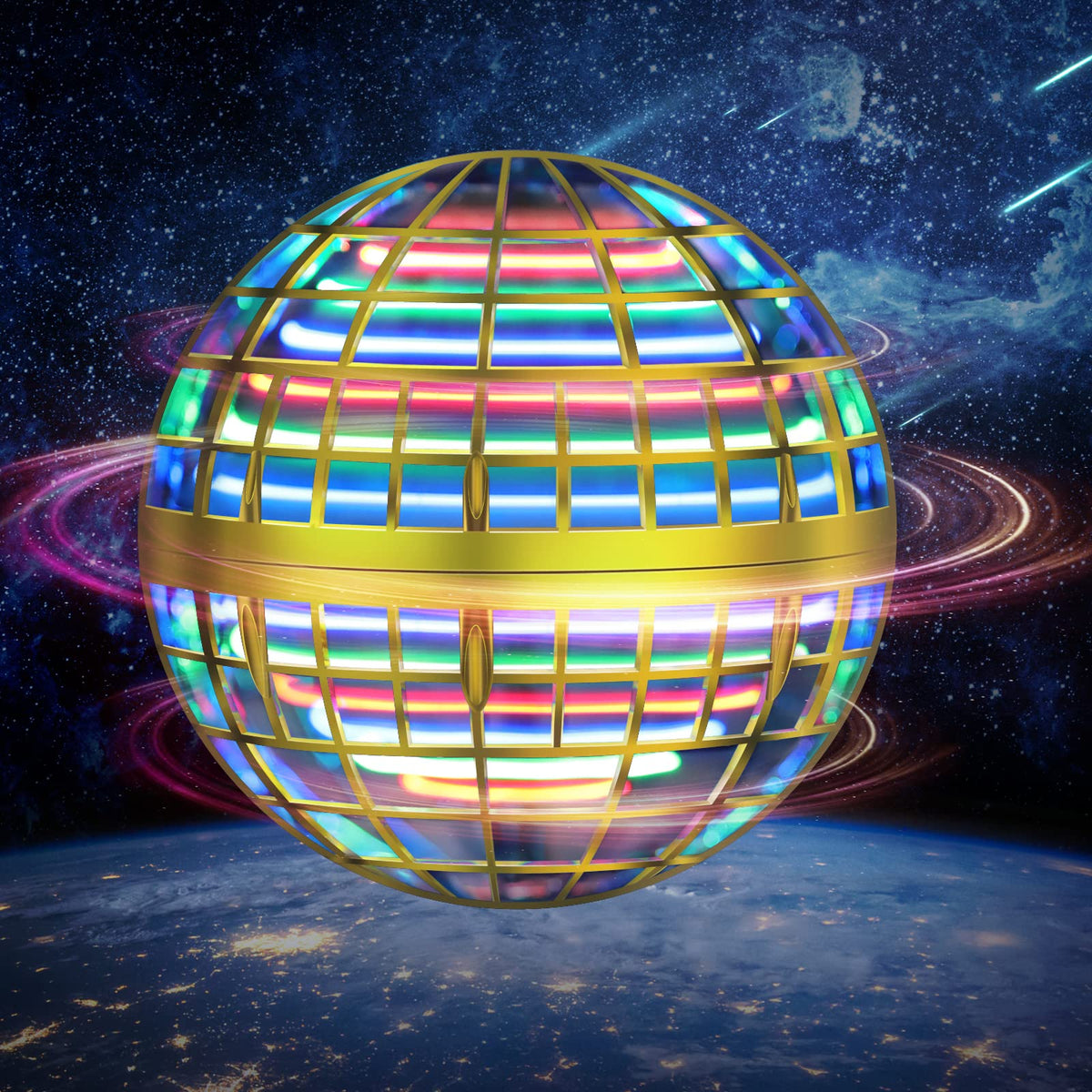 LE MATRIX Flying Orb Ball Toy, side view, showing compact, crash-friendly design for indoor use.